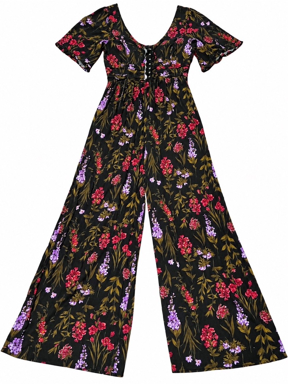 American Eagle Wide-Leg Floral Jumpsuit in Black with Red & Purple Blossoms